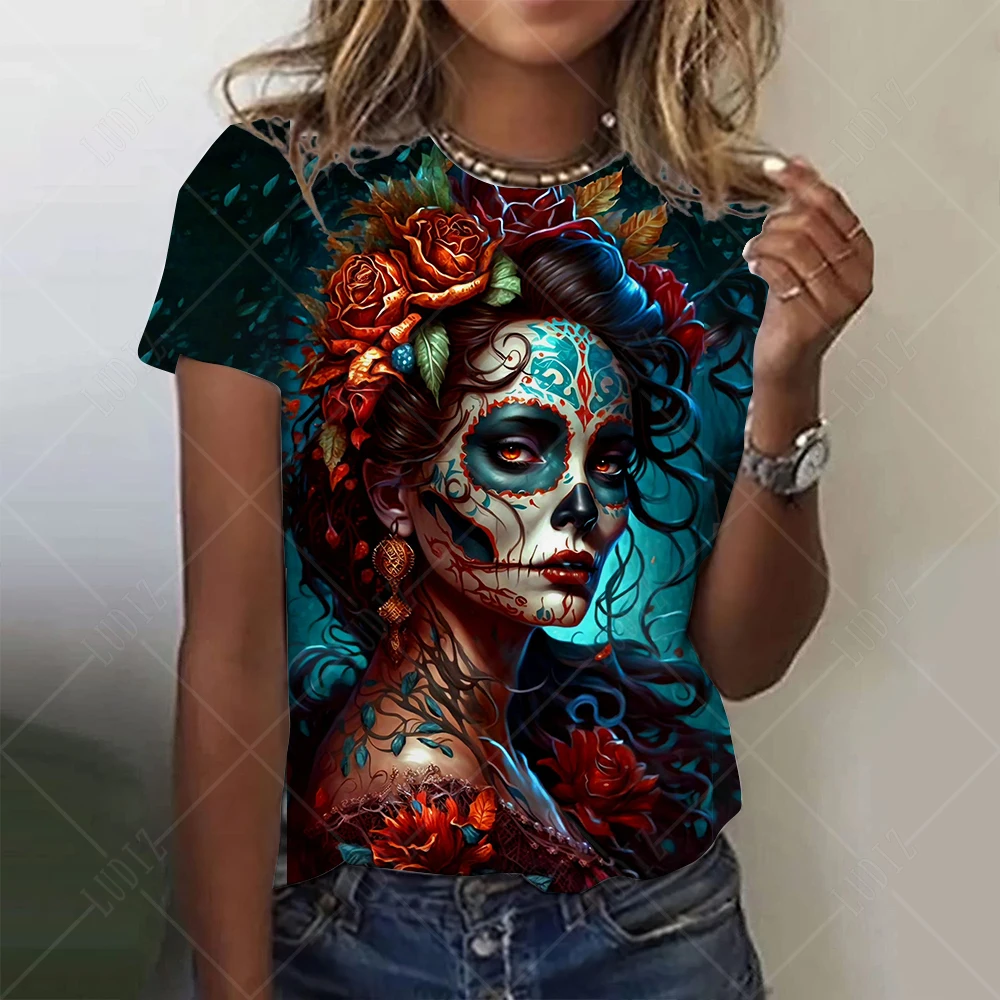 Mexican Day of the Dead Women\'s T Shirt 3D Print Rose Catrina Goddess O-Neck Short Sleeve Tees Streetwear Y2k Clothing For Girls