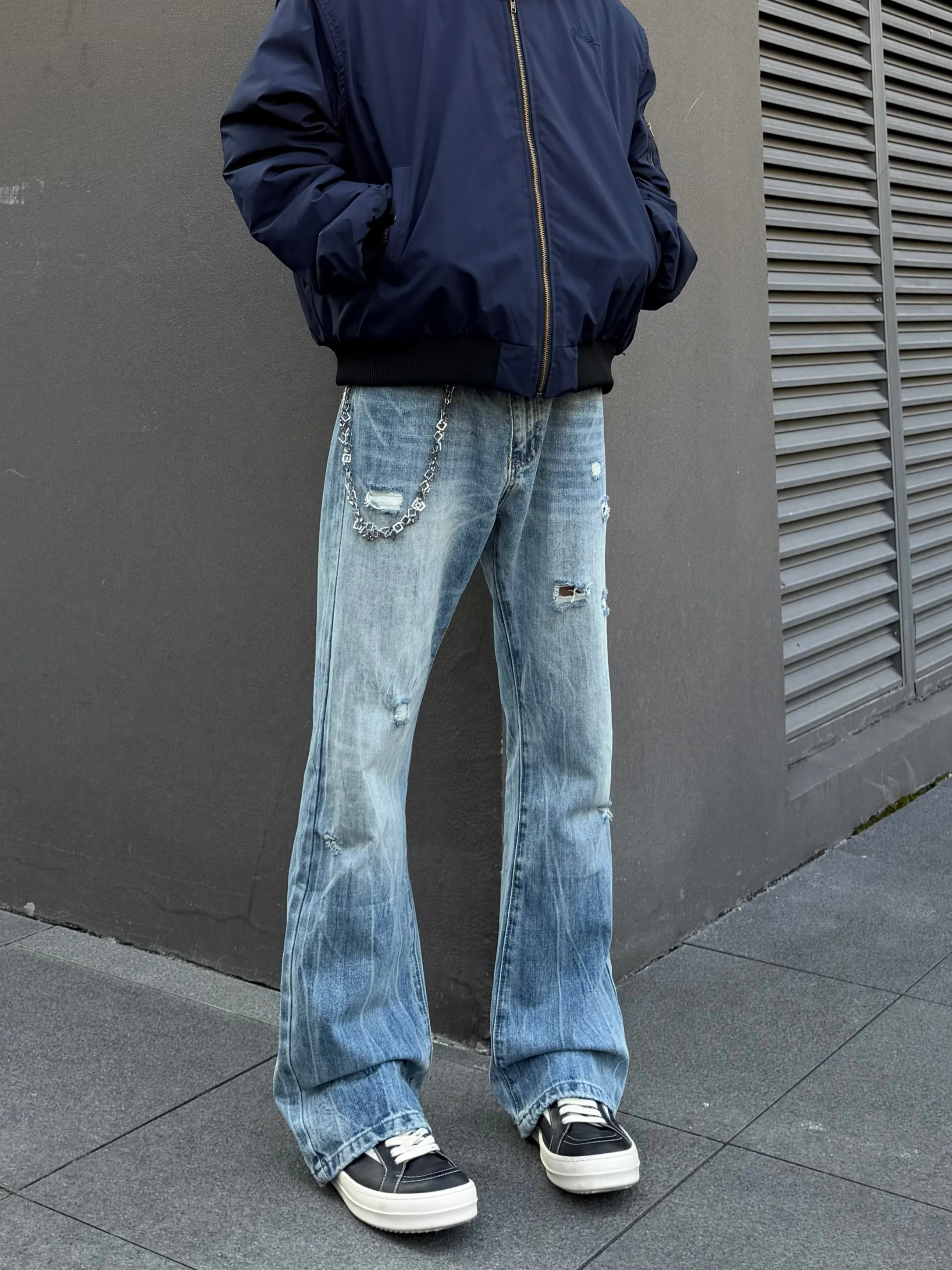 Cleanfit American High Street Vintage Ripped Jeans Men's Trendy Loose Fit Gradual Wash Casual Handsome mid Waist Zipper
