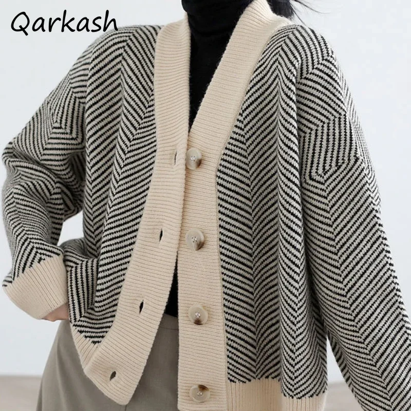 

Striped Single Breasted Cardigans Women Loose Casual Chic Knitted Streetwear Lazy Style V-neck Vintage Korean Soft Autumn Trendy