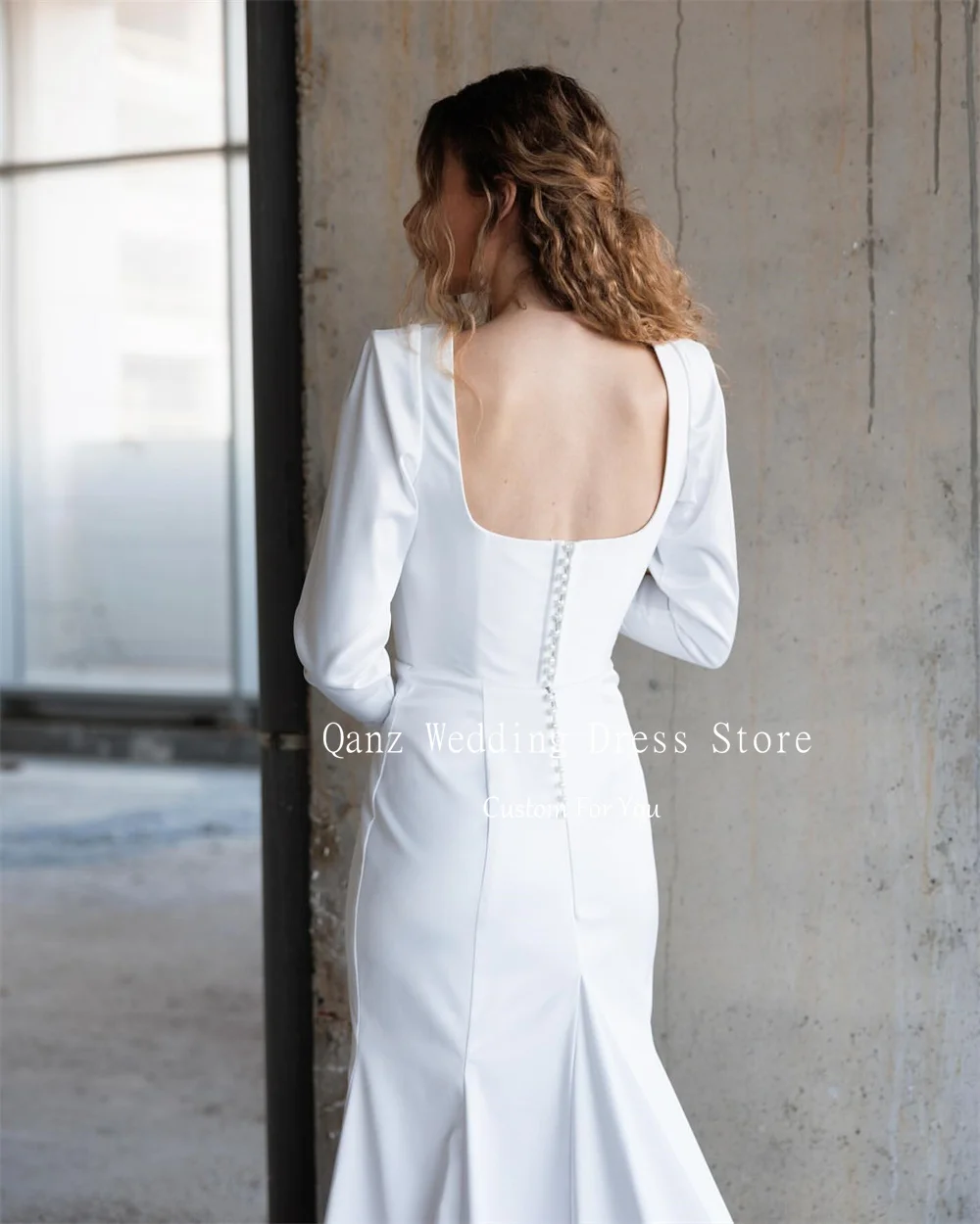 Qanz clássico branco vestido de casamento pescoço quadrado mangas compridas sereia vestidos de novia trem longo robe de mariée civi personalizado