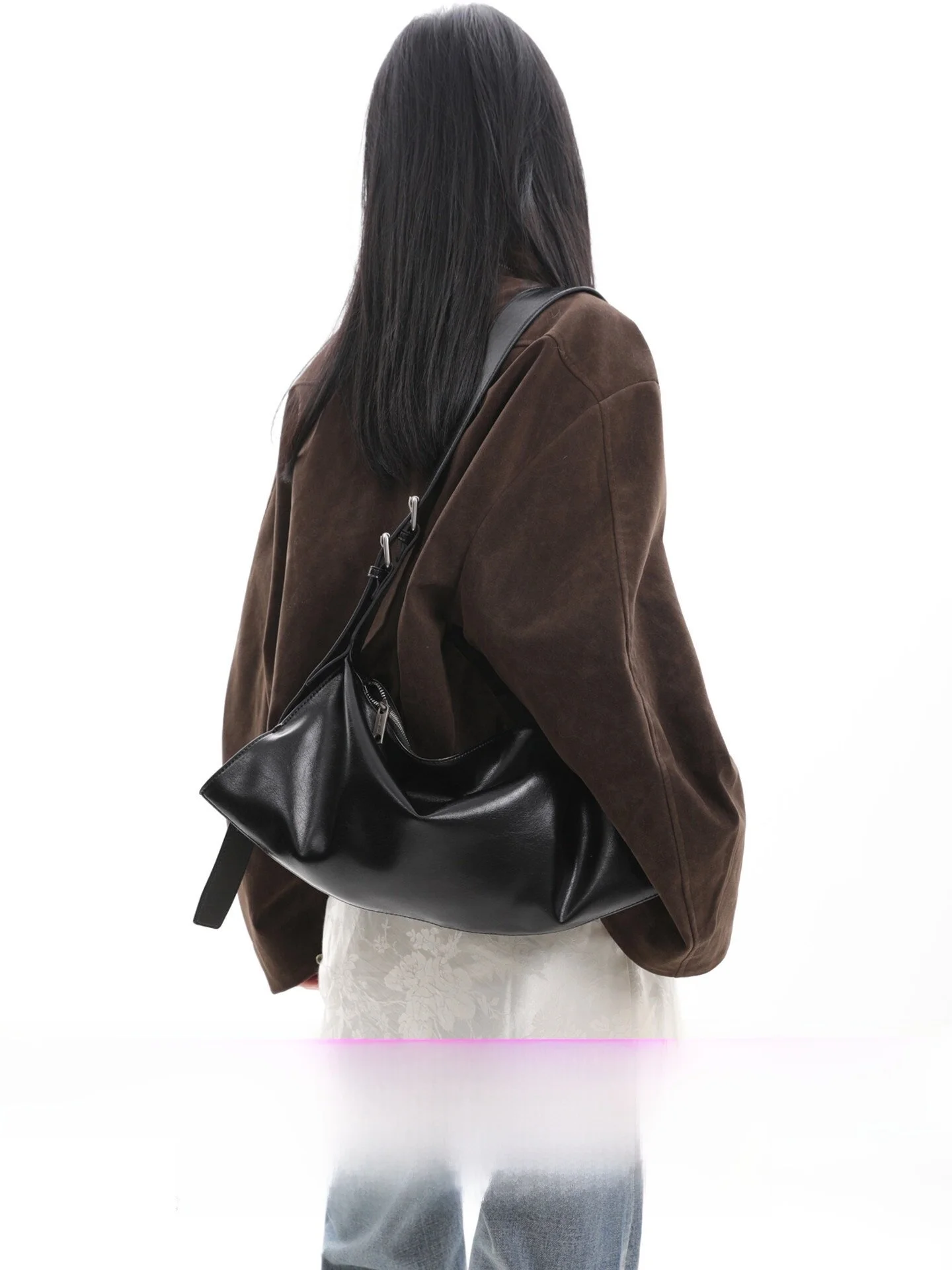 Black Soft Leather Hobo Bag Asymmetric Hole Underarm Crossbody Bag Original Design Women's Fashionable Satchel Handbag