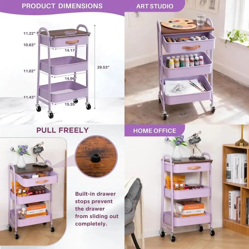 

3-х уровневая мобильная металлическая тележка с деревянной столешницей, фиолетовый органайзер на колесиках для дома и офиса