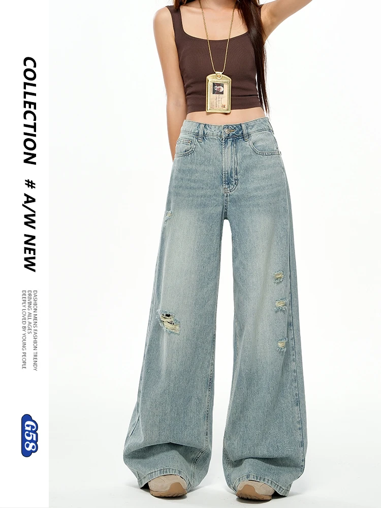 

Американские ретро-джинсы с широкими штанинами, женские тонкие свободные драпированные джинсы с высокой талией, новые летние тонкие джинсы из смеси хлопка и полиэстера