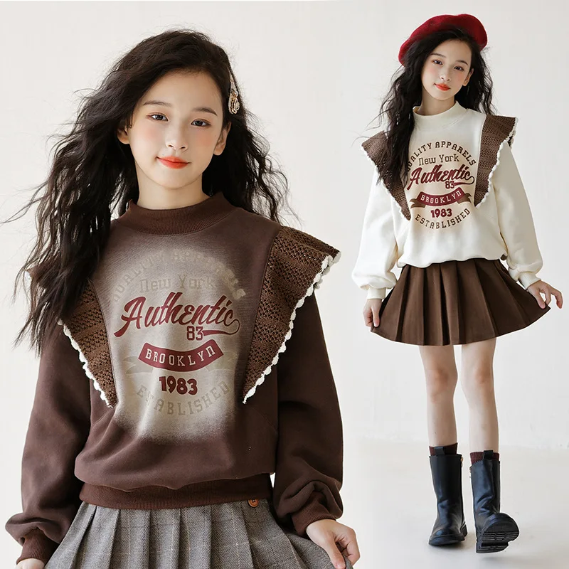 Spring Autumn School Girl 2pcs Suit Teenager Girl Letter Plus Velvet Sweatshirt+Pleated Skirt Sets Girls From 4-12 Years Old