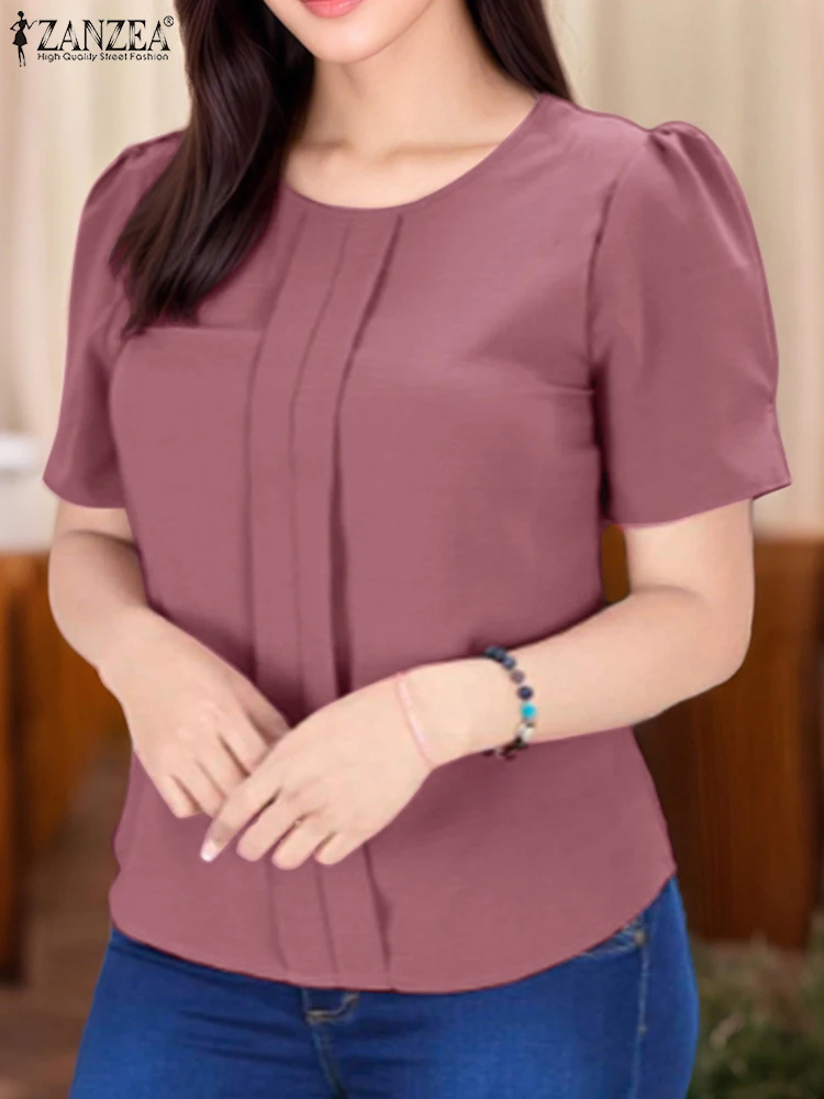 

ZANZEA Women Summer Blouse 2025 Short Sleeve Tunic Tops Casual Pleated Solid Color Shirts O-Neck Loose Korean Blusas Femininas