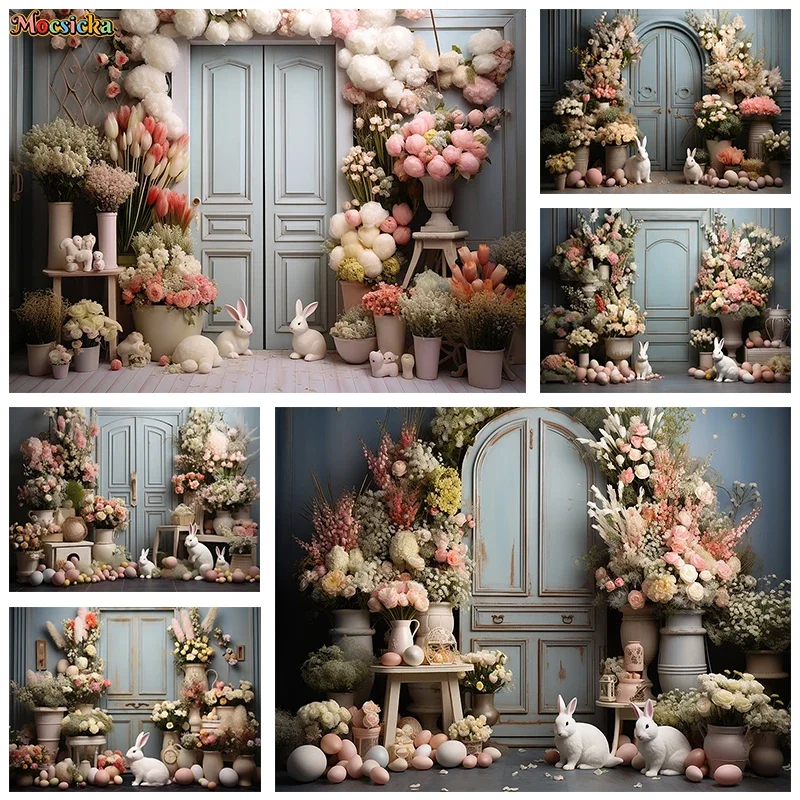 

Mocsicka Spring Easter Photography Backdrop Floral Wooden Door Bunny Background Birthday Party Kids Portrait Photo Banner Props