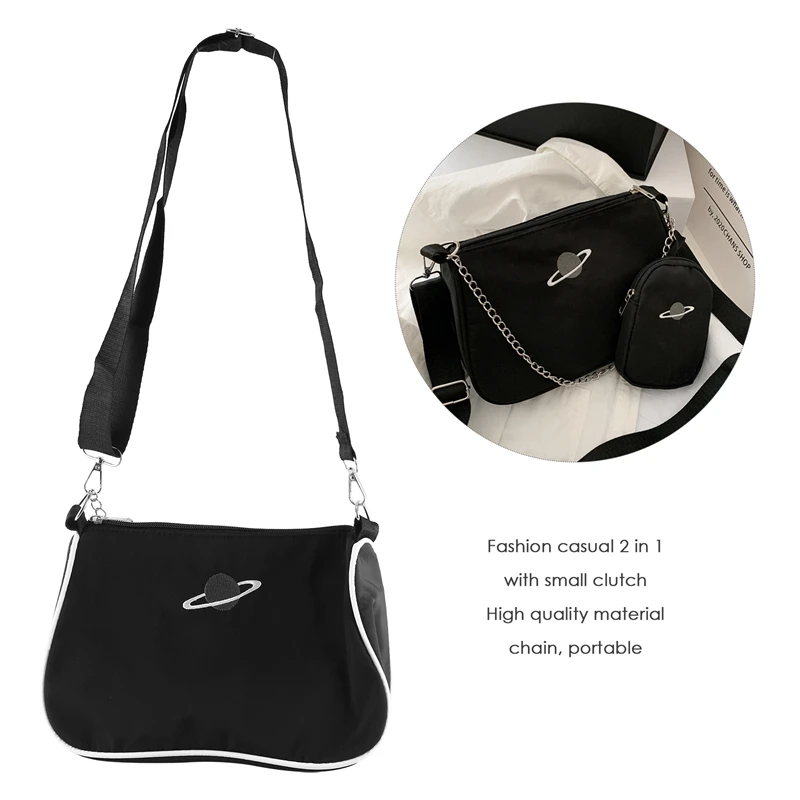 ASDS-2Pcs Casual Nylon Women Shoulder Bag 2 In 1 Chain Zipper Girl Crossbody Handbag With Purse Small Clutch