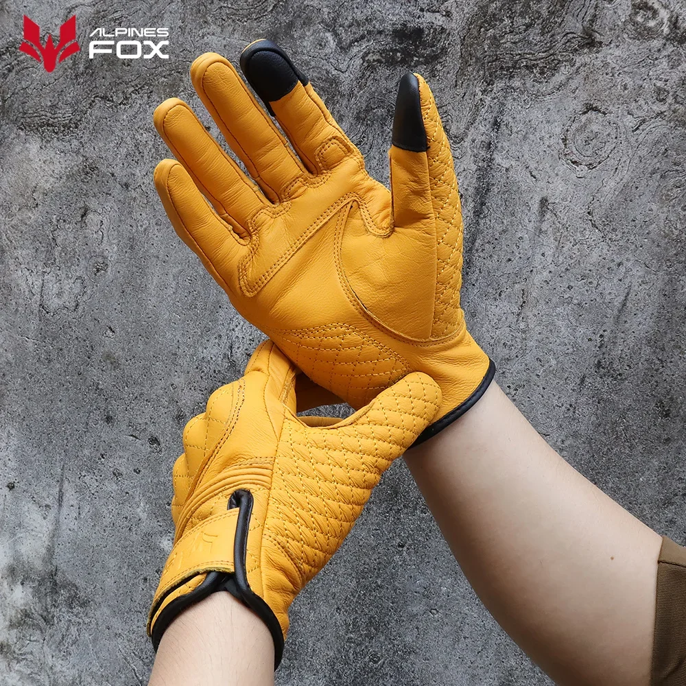 Vintage Leather Motorcycle Gloves Men Women Wear-resistant Motobike Guantes Touchscreen Anti-slip Retro Motobiker Luvas Yellow