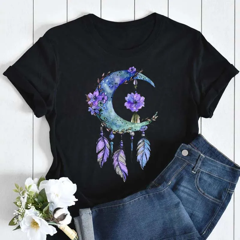 Fashion Vintage Moon with Floral Print Women T Shirt Cartoon Graphic Woman Summer Clothes Casual Short Sleeves Female Top Tshirt
