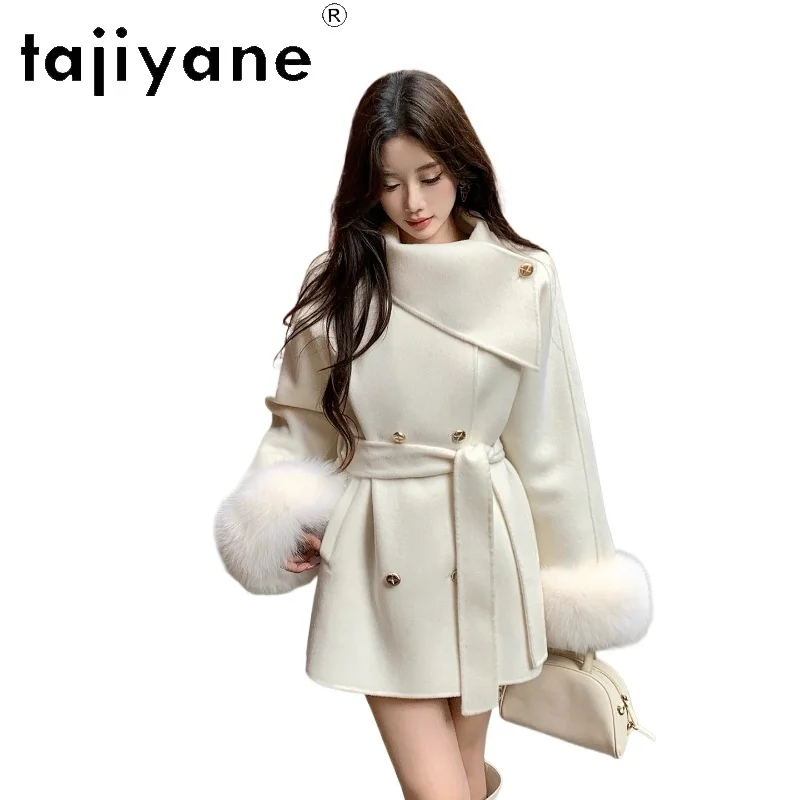

TAJIYANE Пальто из 100% шерсти со съемными манжетами из лисьего меха Элегантный дизайн Женская одежда Верхняя одежда премиум-класса 2025 пальто женское