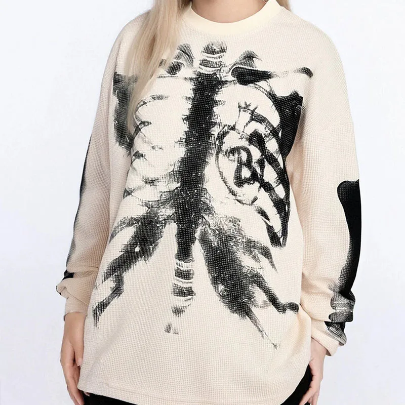 Autumn Harajuku Instagram Street Fashion American Retro Hoodie Skeleton Printed Round Neck Long Sleeve Y2k Unisex