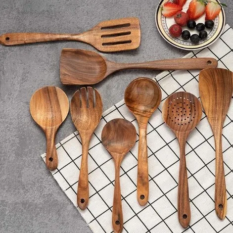 

Teak Utensil Set Acacia Wood Spatula Spoon Fork Non-stick Cookware Long Handle Kitchen Tools