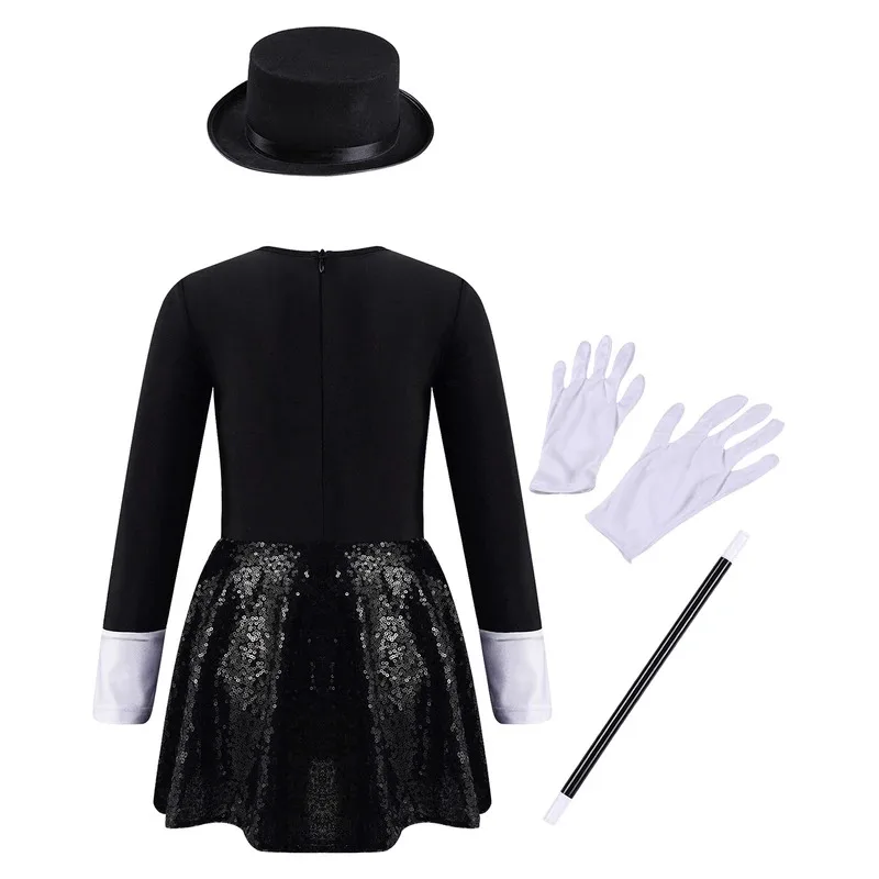 iEFiEL Kids Girls Magician Costume Halloween Cosplay Party Outfit Long Sleeve Leotard Dress with Hat Magic Wand Gloves Set