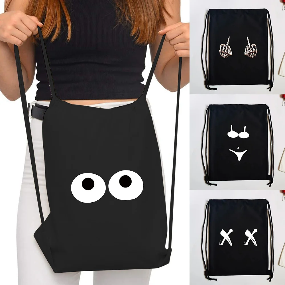 Black Canvas Sport Drawstring Bag Featuring Chest Print Lightweight Cinch Sack for Gym Travel Outdoor Activities