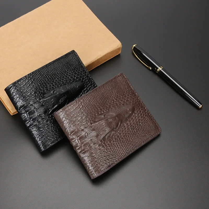 Leather Slim Minimalist Bifold Front Pocket Wallet for Men Bifold Short Crocodile Pattern Business Cardholder Wallet