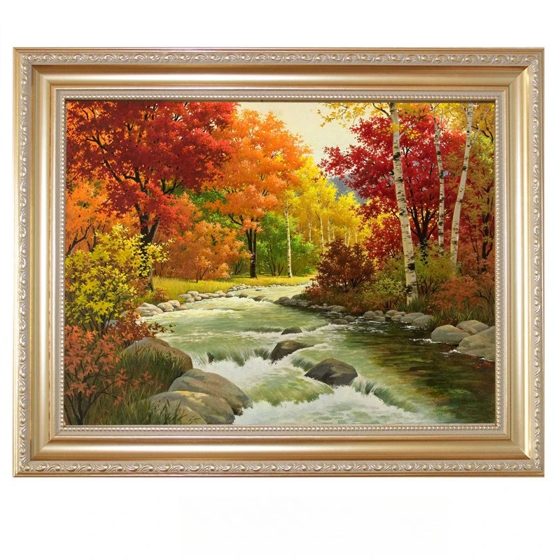 Oil Painting Maple Forest  Flowing Stream Landscape By Numbers Modern Wall Decor for Living Room Bedroom Perfect Gift No Frame
