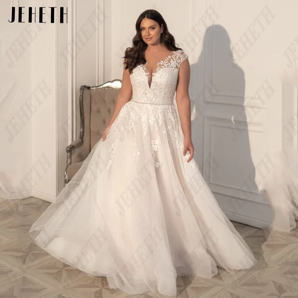 JEHETH-exquisito vestido de novia de talla grande para mujer, mangas casquillo, apliques, ilusión, línea A, tul, cuello redondo