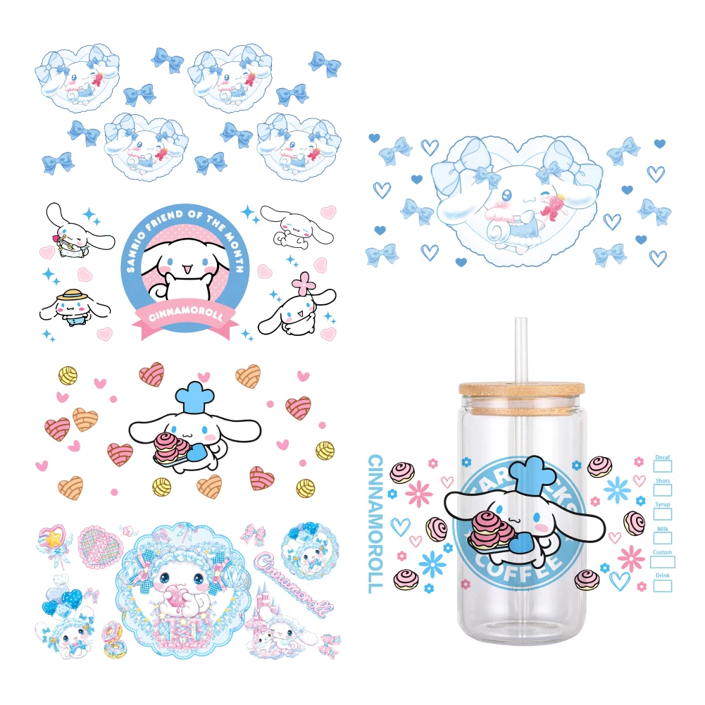 MINIS Japón Sanrio Cinamonroll dibujos animados UV DTF pegatina de transferencia pegatinas de transferencia impermeables para pegatinas de envoltura de taza de vidrio de 16oz