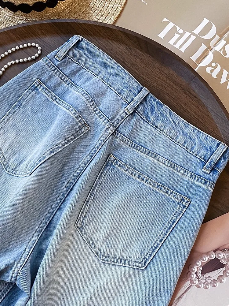 Herbst Frauen Blume Stickerei Aushöhlen Retro Denim Hosen Hohe Taille Streetwear Breite Bein Jeans Lose Fit Beiläufige Lange Hosen