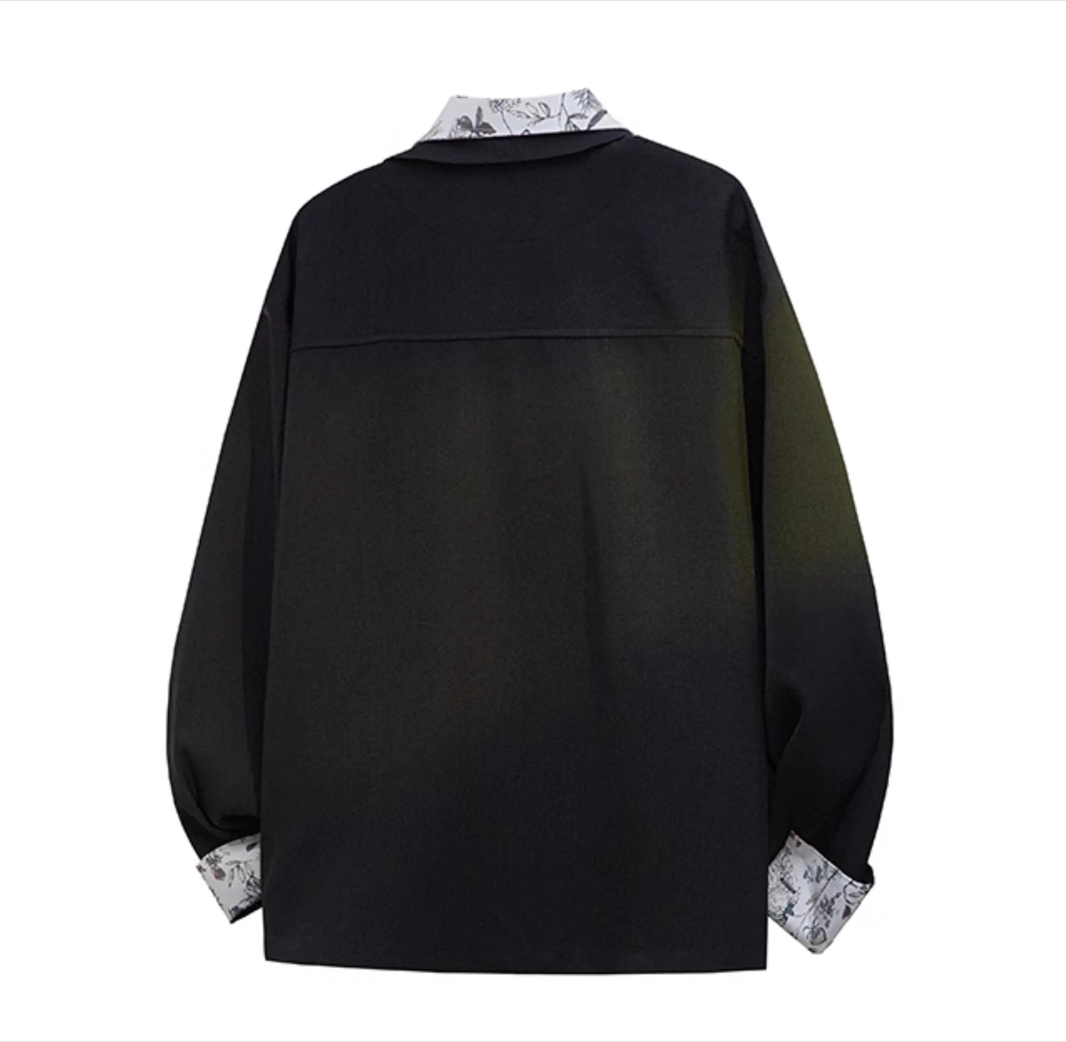 2025 الربيع والخريف جديد الرجال وهمية قطعتين المرقعة قميص أبيض الراقية طباعة النبات عادية أسود رمادي كم طويل قميص