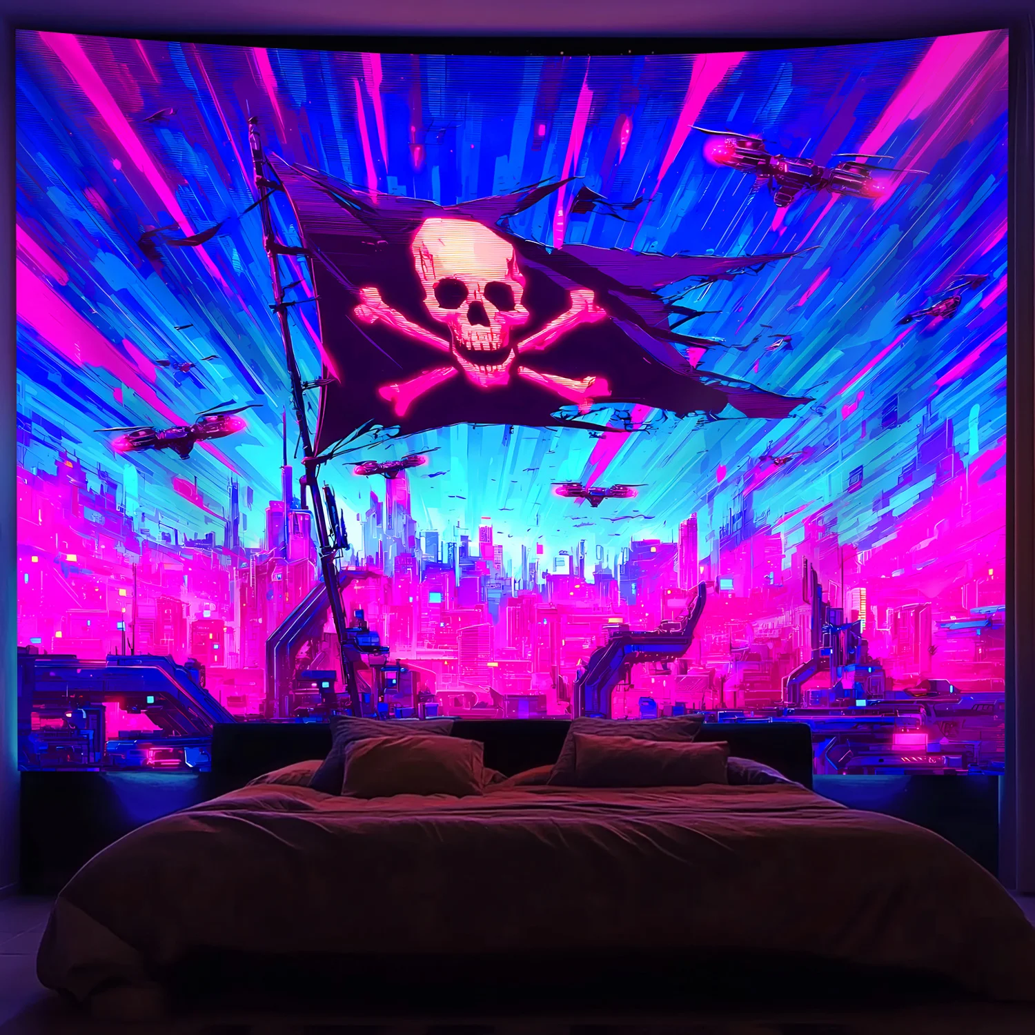VIKAMA Cyberpunk Skull City Scene نسيج نابض بالحياة الأزرق والوردي النيون شيك غرفة المعيشة ميزة جدار غرفة الألعاب موضوع بار ديكور