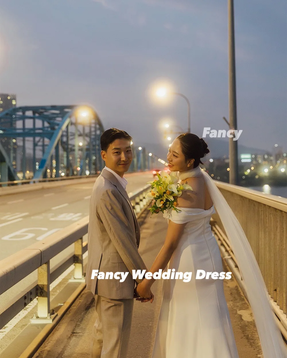 Fancy Simple One Shoulder Korea Wedding Dress Elastic Satin Mermaid Bridal Gown Floor Length Back Zip Customized With Shawl
