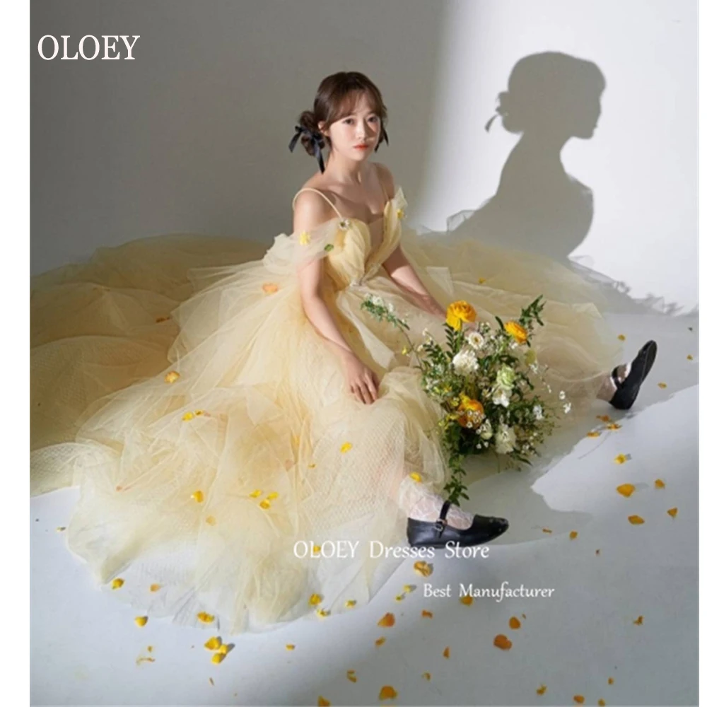 OLOEY Fairy Lemon Yellow Tulle Korea Evening Dresses Wedding Party Spaghetti Straps Off Shoulder Prom Party Dress Corset Back