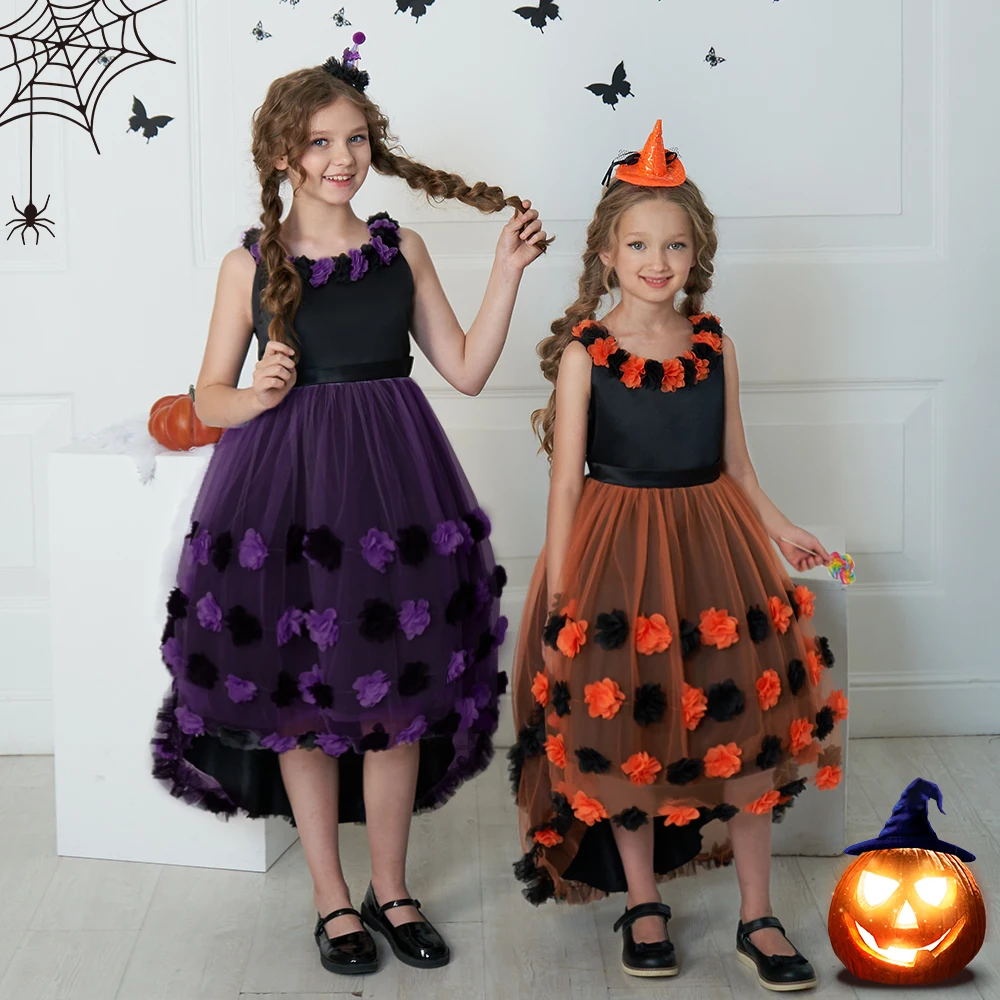 

Black Halloween Cosplay Costume Flower Evening Dress for Girls Carnival Party Princess Girl Dresses Tulle Trailing Birthday Gown