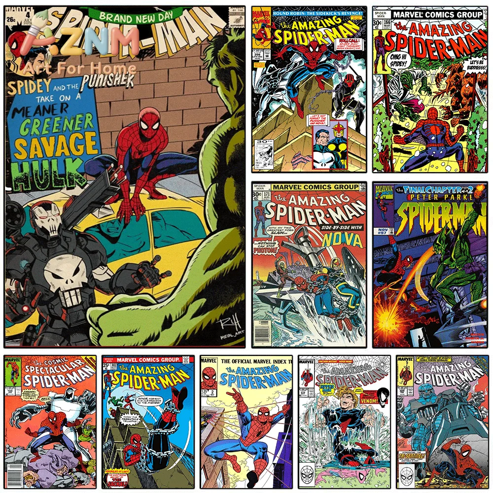 Marvel Spider-Man Punisher & Hulk Vintage Comic Canvas Wall Art Superhero Retro Print Home Living Room Bedroom Decor Unframed