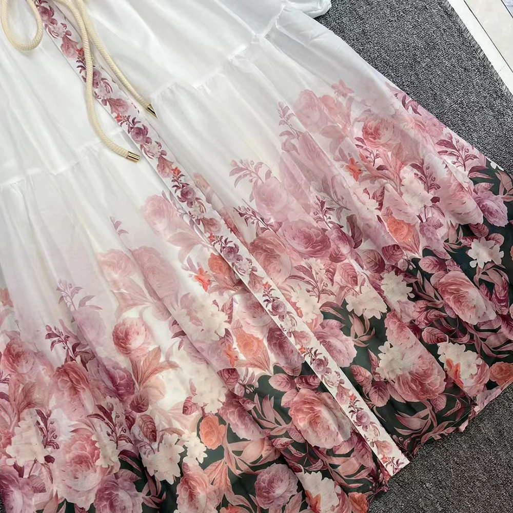 VGH Floral Printing Long Dresses For Women Lapel Lantern Sleeve High Waist Spliced Lace Up Elegant Dress Female Fashion Style