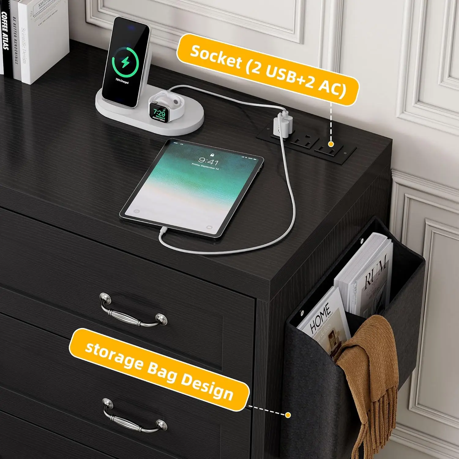 Yitahome Drawers Tv Stand For 65 Inches With Power Outlets -Chest Of Drawers Dresser With Side Organizer Bag Entertainment