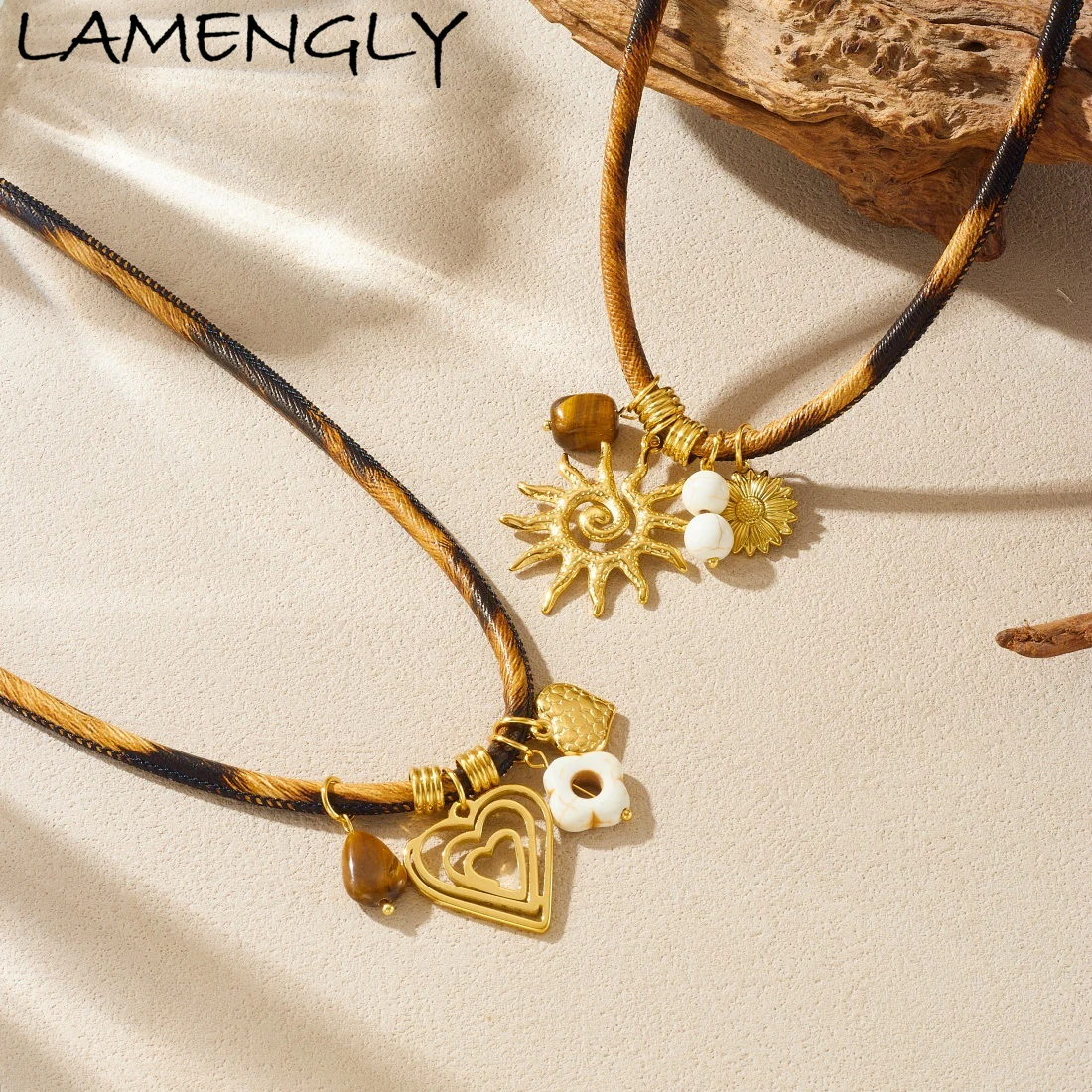 

LAMENGLY 316L Stainless Steel Retro Rope Chain Geometric Hollow Heart Spiral Sun Flower Pendant Necklace Lady Waterproof Jewelry