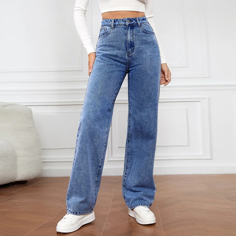 

2025 New European and American High Waisted Washed Women's Jeans Fashionable and Versatile Straight Leg Pants