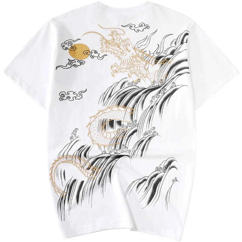 Lyprerazy Harajuku Japanese Men\'s Cotton Tops Tees Chinese Style Carp Fish Dragon Embroidery Short-sleeved T-shirt