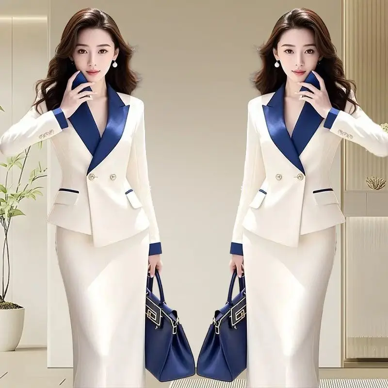 Setelan Wanita Formal Kantor Model Terbaru Musim Gugur, Jas Lengan Panjang Berpotongan Ramping + Rok Belah Slim Dua Potong