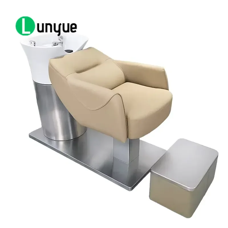 Modern Luxury Spa Shampoo Chair Stainless Steel Frame PU Leather Semi-Reclining Design High Density Sponge Ceramic Basin Hair