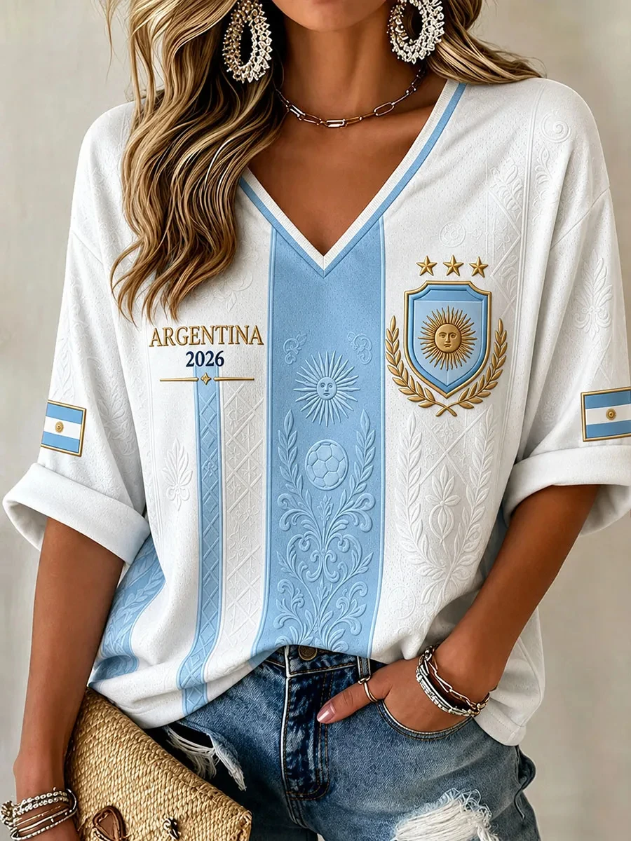 Women's Argentina Football Mid-length Sleeves V-Neck T-Shirt Football Cultural T-Shirt