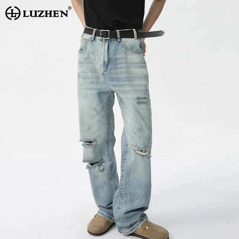 LUZHEN Autumn Niche Stylish Wornout Hollow Design Denim Pants 2024 New Original Street High Quality  Men's Straight Jeans LZ7506