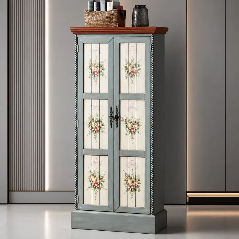 American Country Style Double Door High Shoe Cabinet Retro Painted Entrance Foyer Storage Unit for Bedroom Factory Wholesale