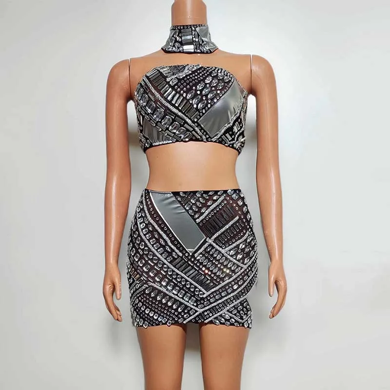 

Multi-Color Rhinestone Festival Clothing Gogo Wear Sexy Nightclub Bar Club Performance Cotume Women Collar Crop Tops Skirt L832