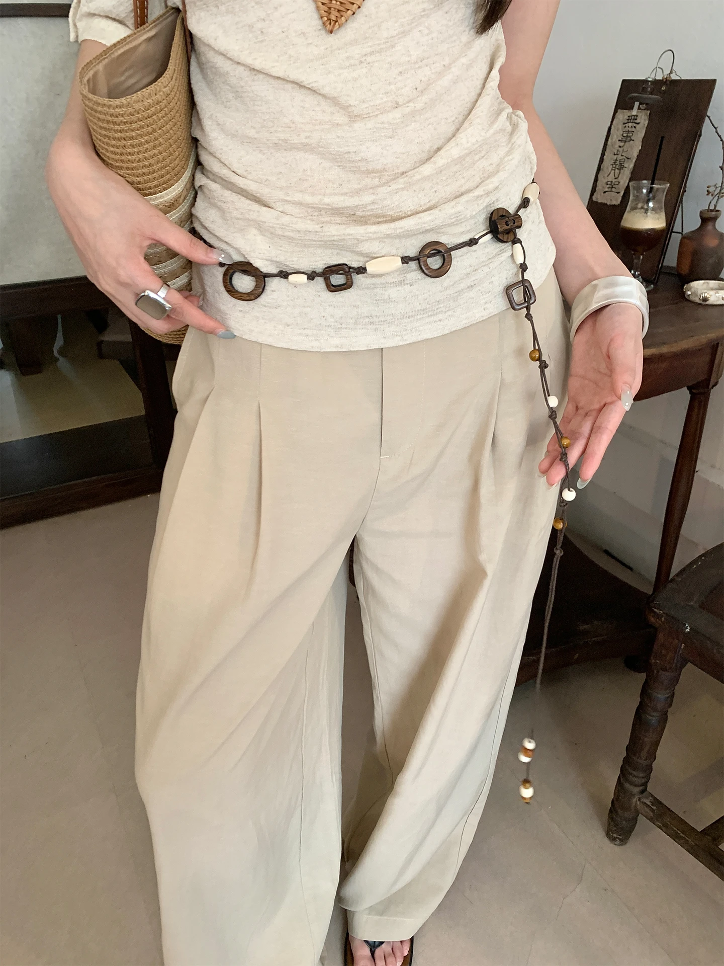 Bohemian Ethnic Style Handmade Woven Wooden Bead Waist Rope Women's Vintage Decorative Waist Chain