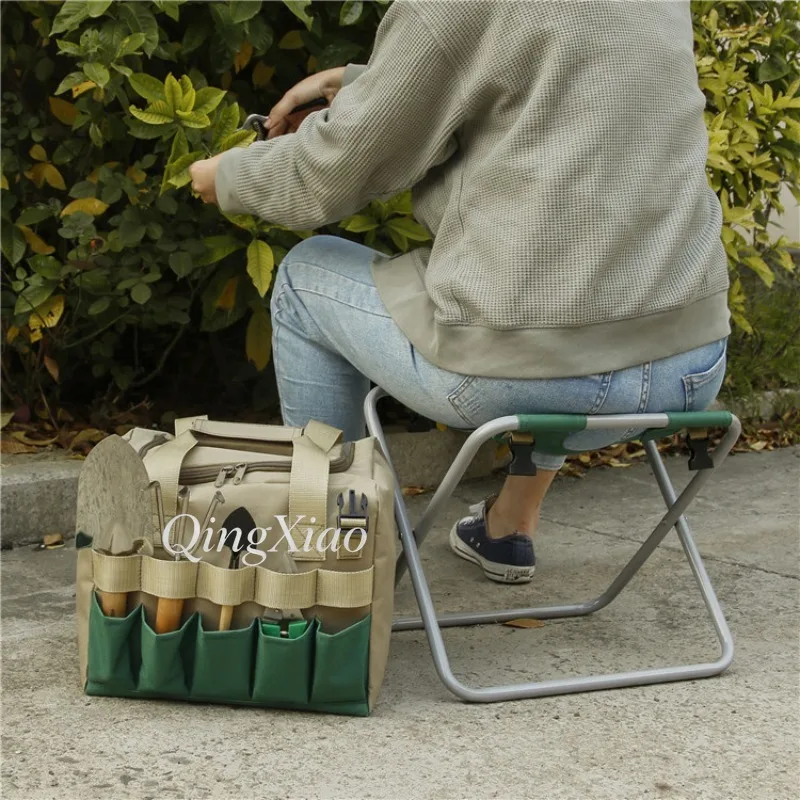 Garden Tool Folding Stool Detachable Storage Bag Multifunctional Outdoor Seat for Gardening Work, Sturdy Lightweight Frame