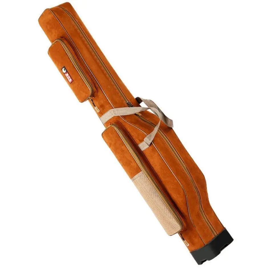 Brown Suede Fishing Rod Bag Portable Waterproof Fishing Pole Case With Multiple Pockets Wear-resistant Fishing Gear Storage Bag