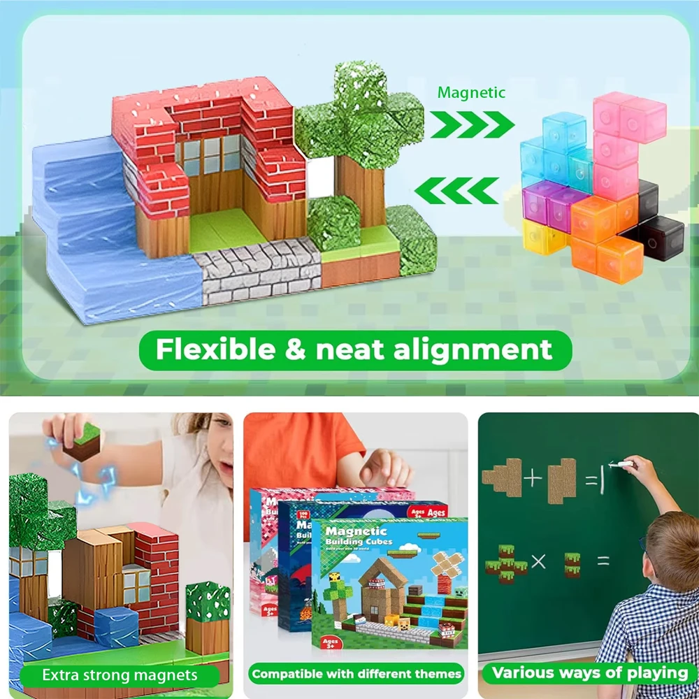 Magnetic Cubes-Build Mine,64pcs, Magnetic Blocks with Animals,  Sensory Toys for Boys & Girls, Mine World, Boys and Girls 4-6