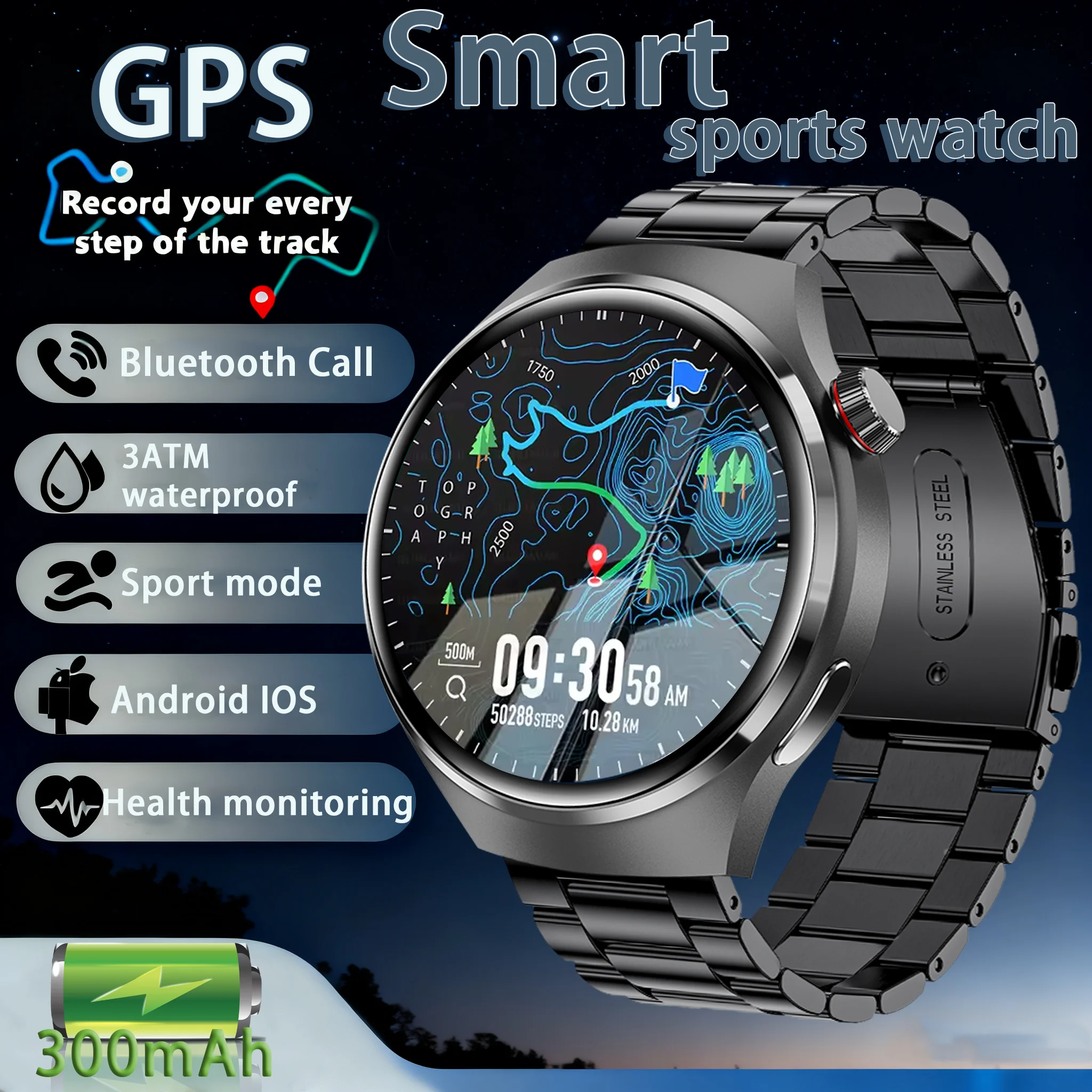 

Встроенные GPS-позиции Смарт-часы Мужской компас 3ATM Водонепроницаемый спортивный трекер На открытом воздухе Военные умные часы для плавания IOS и Android