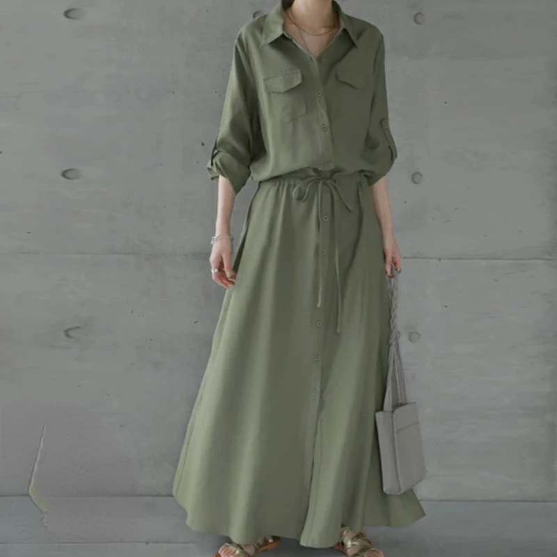 

Chic Solid Color Maxi Shirt Dress Casual Turndown Neck Button Belt Slim Long Dress Ladies Streetwear 2023 Women Autumn Clothes