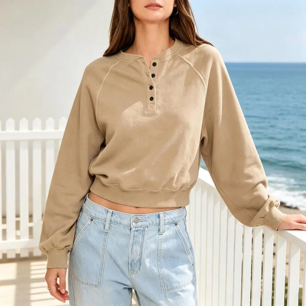 Autumn Layering Top Women's Crew Neck Sweatshirt Oversized Casual Pullover Long Sleeve Loose Tunic Top Button-up Comfortable