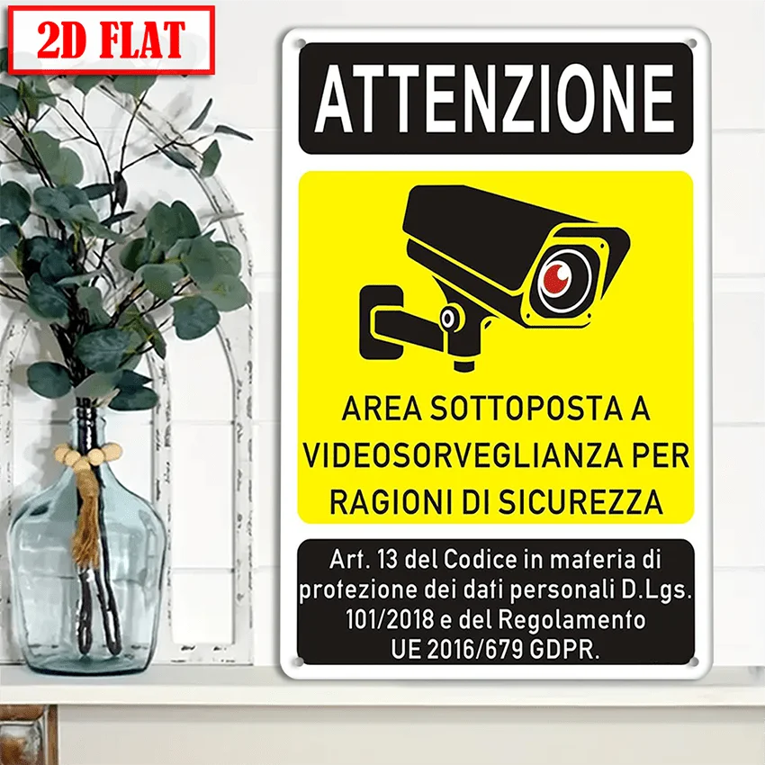 2D Flat, 1pc Aluminum Security Camera Warning Sign - 8X12 Inch (20X30Cm) Wall-Mounted Surveillance Alert Panel with Italian Text