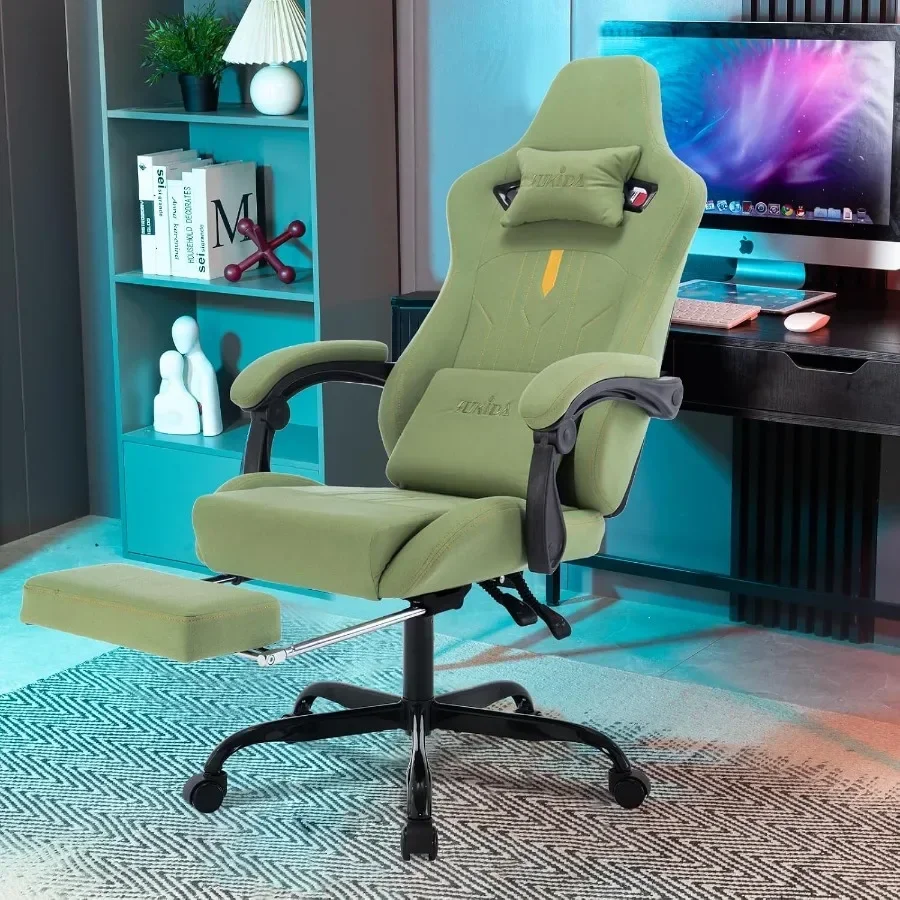 Gaming Chair with Footrest for Adults: PU Leather, Green, Ergonomic Design with Massage Lumbar Cushion and Adjustable Recliner