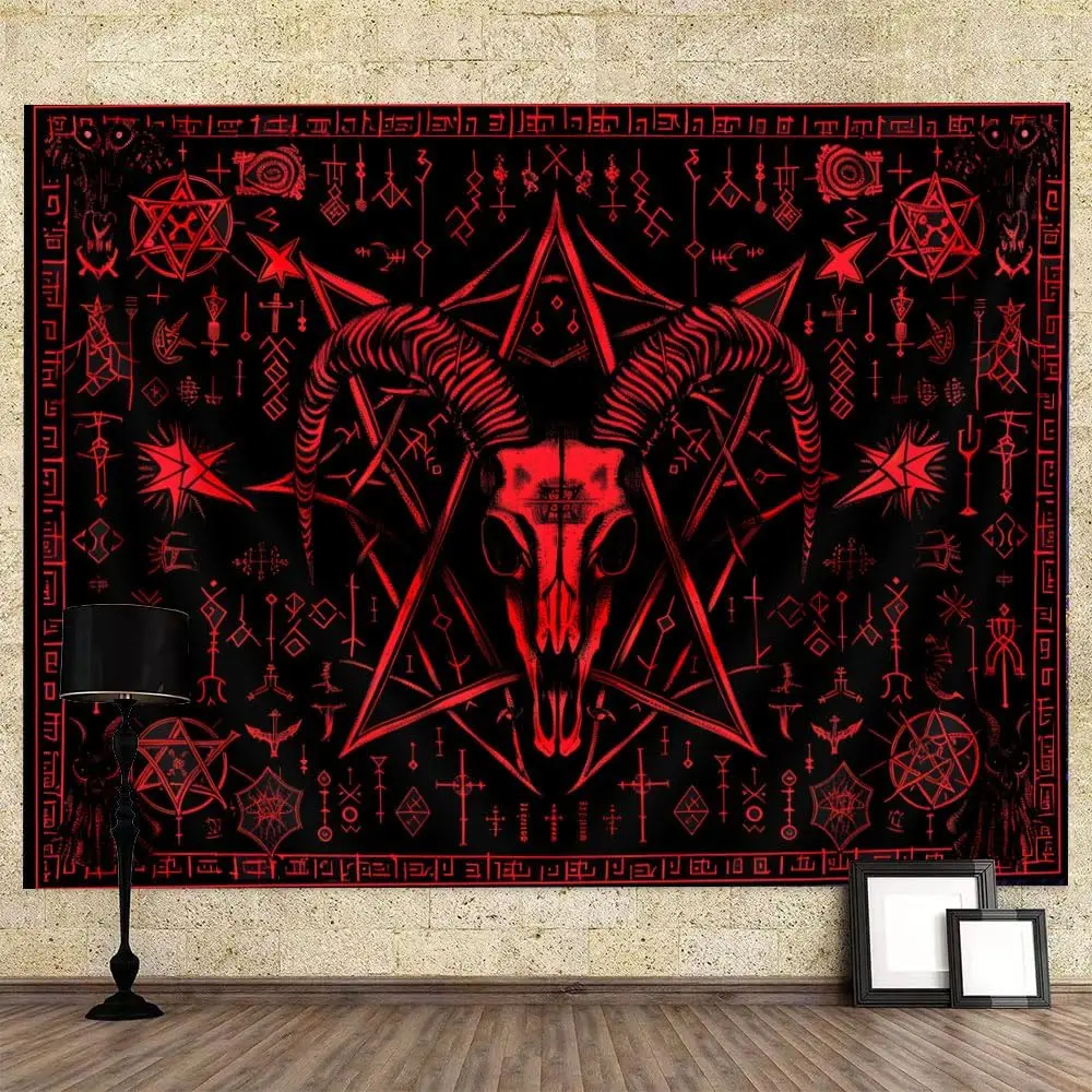 Wall Hanging Dorm Tapestry Hjokiupt Goat Head Gothic Tapestry, Pentagram Devil Demon Symbol Tapestries, Mysterious Red Tapestry